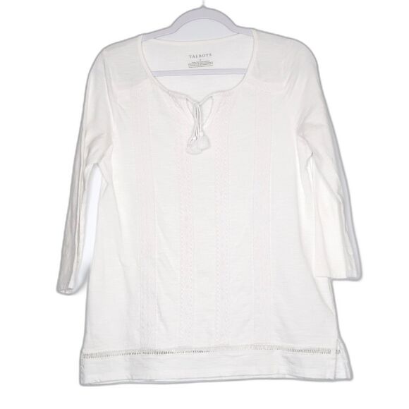 Talbots Womens 3/4 Sleeve Top Size Small White Boho Lightweight Basic Tassels‎ - Picture 1 of 6